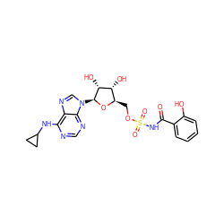 O=C(NS(=O)(=O)OC[C@H]1O[C@@H](n2cnc3c(NC4CC4)ncnc32)[C@H](O)[C@@H]1O)c1ccccc1O ZINC000040379027