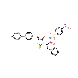 O=C(NS(=O)(=O)c1ccc([N+](=O)[O-])cc1)[C@H](Cc1ccccc1)N1C(=O)/C(=C/c2ccc(-c3ccc(Cl)cc3)cc2)SC1=S ZINC000299871729