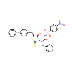 O=C(NS(=O)(=O)c1ccc([N+](=O)[O-])cc1)[C@H](Cc1ccccc1)N1C(=O)/C(=C/c2ccc(-c3ccccc3)cc2)SC1=S ZINC000299870720