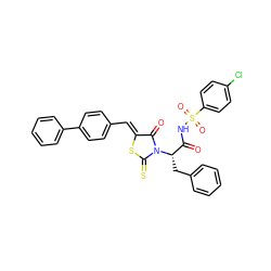 O=C(NS(=O)(=O)c1ccc(Cl)cc1)[C@H](Cc1ccccc1)N1C(=O)/C(=C/c2ccc(-c3ccccc3)cc2)SC1=S ZINC000299863867