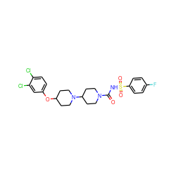 O=C(NS(=O)(=O)c1ccc(F)cc1)N1CCC(N2CCC(Oc3ccc(Cl)c(Cl)c3)CC2)CC1 ZINC000095557347