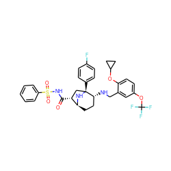 O=C(NS(=O)(=O)c1ccccc1)[C@@H]1C[C@@]2(c3ccc(F)cc3)N[C@H]1CC[C@H]2NCc1cc(OC(F)(F)F)ccc1OC1CC1 ZINC000150549601