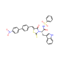 O=C(NS(=O)(=O)c1ccccc1)[C@H](Cc1c[nH]c2ccccc12)N1C(=O)/C(=C/c2ccc(-c3ccc([N+](=O)[O-])cc3)cc2)SC1=S ZINC000299868584