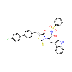 O=C(NS(=O)(=O)c1ccccc1)[C@H](Cc1c[nH]c2ccccc12)N1C(=O)/C(=C/c2ccc(-c3ccc(Cl)cc3)cc2)SC1=S ZINC000299855974