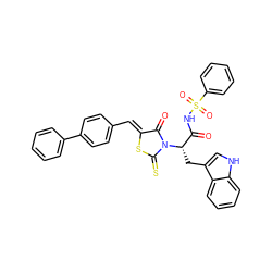 O=C(NS(=O)(=O)c1ccccc1)[C@H](Cc1c[nH]c2ccccc12)N1C(=O)/C(=C/c2ccc(-c3ccccc3)cc2)SC1=S ZINC000299871935