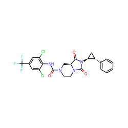 O=C(Nc1c(Cl)cc(C(F)(F)F)cc1Cl)N1CCN2C(=O)N([C@H]3C[C@@H]3c3ccccc3)C(=O)[C@@H]2C1 ZINC000072176588