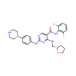 O=C(Nc1c(F)cccc1Cl)c1cnc(Nc2ccc(N3CCNCC3)cc2)nc1NC[C@@H]1CCCO1 ZINC000299850600