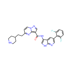 O=C(Nc1c[nH]c2ncc(-c3c(F)cccc3F)cc12)c1cnn2ccc(CCC3CCNCC3)nc12 ZINC000096270699