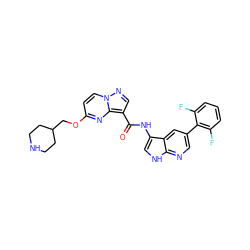 O=C(Nc1c[nH]c2ncc(-c3c(F)cccc3F)cc12)c1cnn2ccc(OCC3CCNCC3)nc12 ZINC000096270698