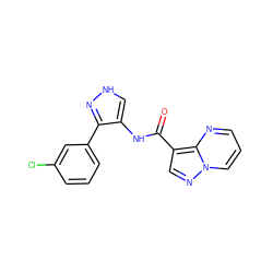 O=C(Nc1c[nH]nc1-c1cccc(Cl)c1)c1cnn2cccnc12 ZINC000095575050