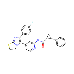 O=C(Nc1cc(-c2c(-c3ccc(F)cc3)nc3n2CCS3)ccn1)[C@@H]1C[C@@H]1c1ccccc1 ZINC000169331099