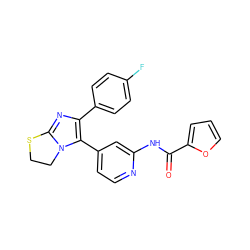 O=C(Nc1cc(-c2c(-c3ccc(F)cc3)nc3n2CCS3)ccn1)c1ccco1 ZINC000169331093