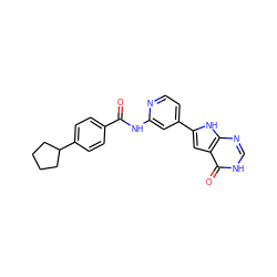 O=C(Nc1cc(-c2cc3c(=O)[nH]cnc3[nH]2)ccn1)c1ccc(C2CCCC2)cc1 ZINC000040380406