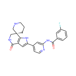 O=C(Nc1cc(-c2cc3c([nH]2)[C@@]2(CCCNC2)CNC3=O)ccn1)c1cccc(F)c1 ZINC000073219233