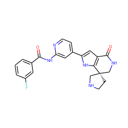 O=C(Nc1cc(-c2cc3c([nH]2)[C@@]2(CCNC2)CNC3=O)ccn1)c1cccc(F)c1 ZINC000073223531