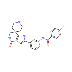 O=C(Nc1cc(-c2cc3c([nH]2)C2(CCNCC2)CNC3=O)ccn1)c1ccc(F)cc1 ZINC000082157980