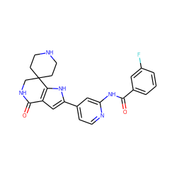 O=C(Nc1cc(-c2cc3c([nH]2)C2(CCNCC2)CNC3=O)ccn1)c1cccc(F)c1 ZINC000073224714