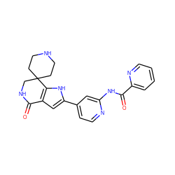 O=C(Nc1cc(-c2cc3c([nH]2)C2(CCNCC2)CNC3=O)ccn1)c1ccccn1 ZINC000073223833