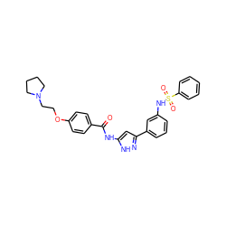 O=C(Nc1cc(-c2cccc(NS(=O)(=O)c3ccccc3)c2)n[nH]1)c1ccc(OCCN2CCCC2)cc1 ZINC000072175267