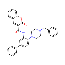 O=C(Nc1cc(-c2ccccc2)ccc1N1CCN(Cc2ccccc2)CC1)c1cc2ccccc2oc1=O ZINC000014962097