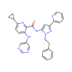 O=C(Nc1cc(-c2ccccn2)nn1CCc1ccccc1)c1nc(C2CC2)ccc1Nc1cncnc1 ZINC000096167390