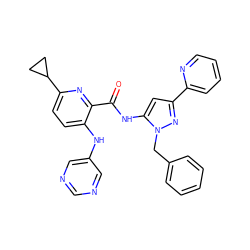 O=C(Nc1cc(-c2ccccn2)nn1Cc1ccccc1)c1nc(C2CC2)ccc1Nc1cncnc1 ZINC000096167400