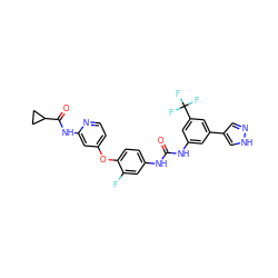 O=C(Nc1cc(-c2cn[nH]c2)cc(C(F)(F)F)c1)Nc1ccc(Oc2ccnc(NC(=O)C3CC3)c2)c(F)c1 ZINC001772627054