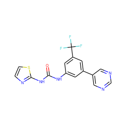 O=C(Nc1cc(-c2cncnc2)cc(C(F)(F)F)c1)Nc1nccs1 ZINC000653702460