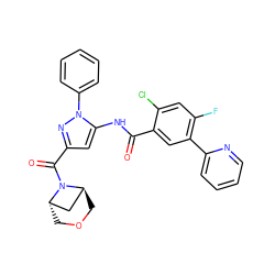 O=C(Nc1cc(C(=O)N2[C@H]3COC[C@H]2C3)nn1-c1ccccc1)c1cc(-c2ccccn2)c(F)cc1Cl ZINC001772584924