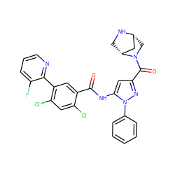 O=C(Nc1cc(C(=O)N2C[C@@H]3C[C@H]2CN3)nn1-c1ccccc1)c1cc(-c2ncccc2F)c(Cl)cc1Cl ZINC001772629434