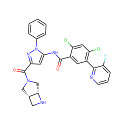 O=C(Nc1cc(C(=O)N2C[C@H]3CN[C@H]3C2)nn1-c1ccccc1)c1cc(-c2ncccc2F)c(Cl)cc1Cl ZINC001772597839