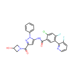 O=C(Nc1cc(C(=O)N2CC(O)C2)nn1-c1ccccc1)c1cc(-c2ncccc2F)c(F)cc1Cl ZINC001772631215