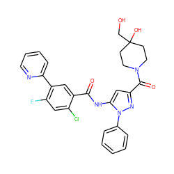 O=C(Nc1cc(C(=O)N2CCC(O)(CO)CC2)nn1-c1ccccc1)c1cc(-c2ccccn2)c(F)cc1Cl ZINC001772634193