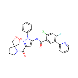 O=C(Nc1cc(C(=O)N2CCCC2(CO)CO)nn1-c1ccccc1)c1cc(-c2ccccn2)c(F)cc1Cl ZINC001772608305