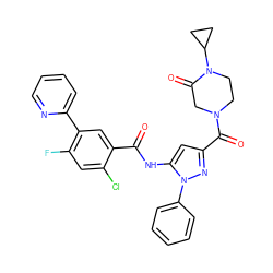 O=C(Nc1cc(C(=O)N2CCN(C3CC3)C(=O)C2)nn1-c1ccccc1)c1cc(-c2ccccn2)c(F)cc1Cl ZINC001772585171