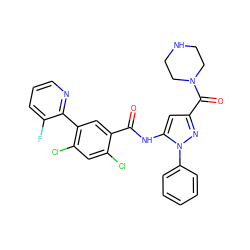 O=C(Nc1cc(C(=O)N2CCNCC2)nn1-c1ccccc1)c1cc(-c2ncccc2F)c(Cl)cc1Cl ZINC001772592622