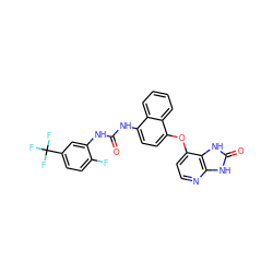 O=C(Nc1cc(C(F)(F)F)ccc1F)Nc1ccc(Oc2ccnc3[nH]c(=O)[nH]c23)c2ccccc12 ZINC000040975764