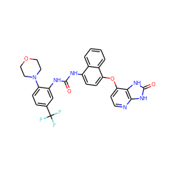 O=C(Nc1cc(C(F)(F)F)ccc1N1CCOCC1)Nc1ccc(Oc2ccnc3[nH]c(=O)[nH]c23)c2ccccc12 ZINC000042807409
