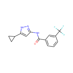 O=C(Nc1cc(C2CC2)[nH]n1)c1cccc(C(F)(F)F)c1 ZINC000013580448