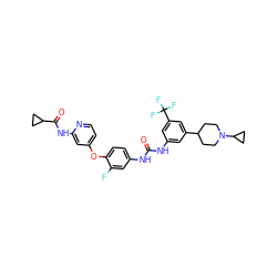 O=C(Nc1cc(C2CCN(C3CC3)CC2)cc(C(F)(F)F)c1)Nc1ccc(Oc2ccnc(NC(=O)C3CC3)c2)c(F)c1 ZINC001772617789