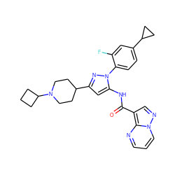 O=C(Nc1cc(C2CCN(C3CCC3)CC2)nn1-c1ccc(C2CC2)cc1F)c1cnn2cccnc12 ZINC000204754982