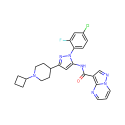 O=C(Nc1cc(C2CCN(C3CCC3)CC2)nn1-c1ccc(Cl)cc1F)c1cnn2cccnc12 ZINC000204775096