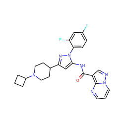 O=C(Nc1cc(C2CCN(C3CCC3)CC2)nn1-c1ccc(F)cc1F)c1cnn2cccnc12 ZINC000203732029