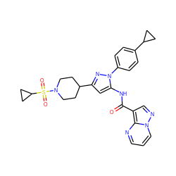 O=C(Nc1cc(C2CCN(S(=O)(=O)C3CC3)CC2)nn1-c1ccc(C2CC2)cc1)c1cnn2cccnc12 ZINC000145833590