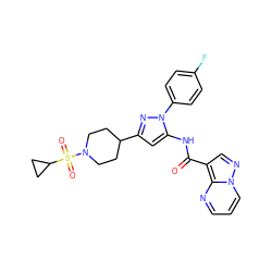 O=C(Nc1cc(C2CCN(S(=O)(=O)C3CC3)CC2)nn1-c1ccc(F)cc1)c1cnn2cccnc12 ZINC000145862675