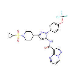 O=C(Nc1cc(C2CCN(S(=O)(=O)C3CC3)CC2)nn1-c1ccc(OC(F)(F)F)cc1)c1cnn2cccnc12 ZINC000145854136