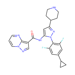 O=C(Nc1cc(C2CCNCC2)nn1-c1c(F)cc(C2CC2)cc1F)c1cnn2cccnc12 ZINC000145866969