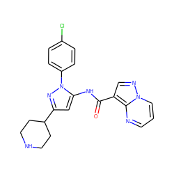 O=C(Nc1cc(C2CCNCC2)nn1-c1ccc(Cl)cc1)c1cnn2cccnc12 ZINC000203727294