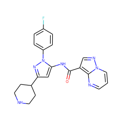 O=C(Nc1cc(C2CCNCC2)nn1-c1ccc(F)cc1)c1cnn2cccnc12 ZINC000204745481