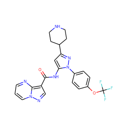 O=C(Nc1cc(C2CCNCC2)nn1-c1ccc(OC(F)(F)F)cc1)c1cnn2cccnc12 ZINC000204759417